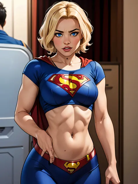 Girl with short blonde hair blue eyes wearing a tight blue shirt, shirt showing her belly and with the Superman symbol on her chest, girl with a defined body