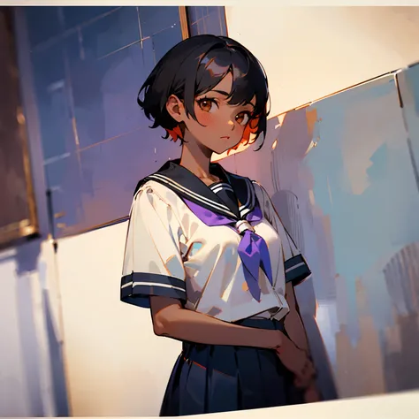 ((best quality)), ((masterpiece)), (detailed), 1girl, black skin, black short hair, shy, looking away from viewer, purple high-school uniform, brown eyes