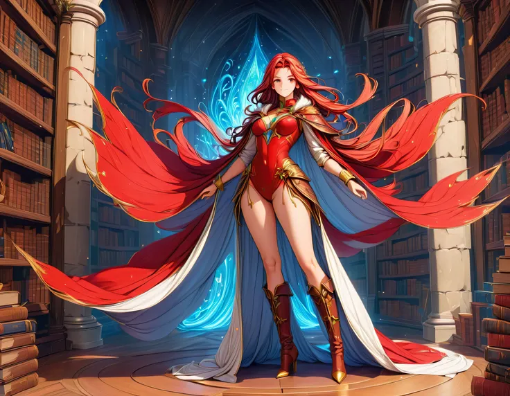 picture of a sorceress casting a spell in magical library, exquisite beautiful woman, dynamic hair color, dynamic hair style, ((full body shot: 1.5)), ((anatomically correct: 1.5)), (ultra detailed face: 1.2), best detailed face, high details, best quality...