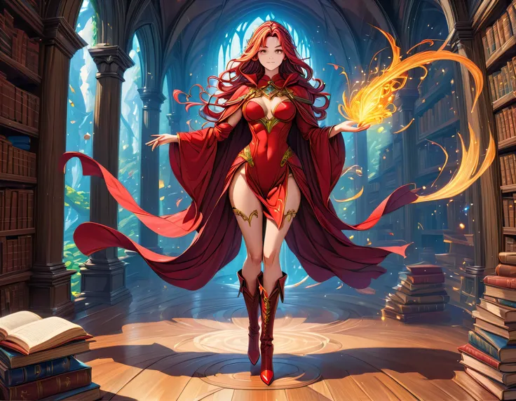 picture of a sorceress casting a spell in magical library, exquisite beautiful woman, dynamic hair color, dynamic hair style, ((full body shot: 1.5)), ((anatomically correct: 1.5)), (ultra detailed face: 1.2), best detailed face, high details, best quality...