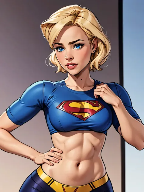 Girl with short blonde hair blue eyes wearing a tight blue shirt, shirt showing her belly and with the Superman symbol on her chest, girl with a defined body