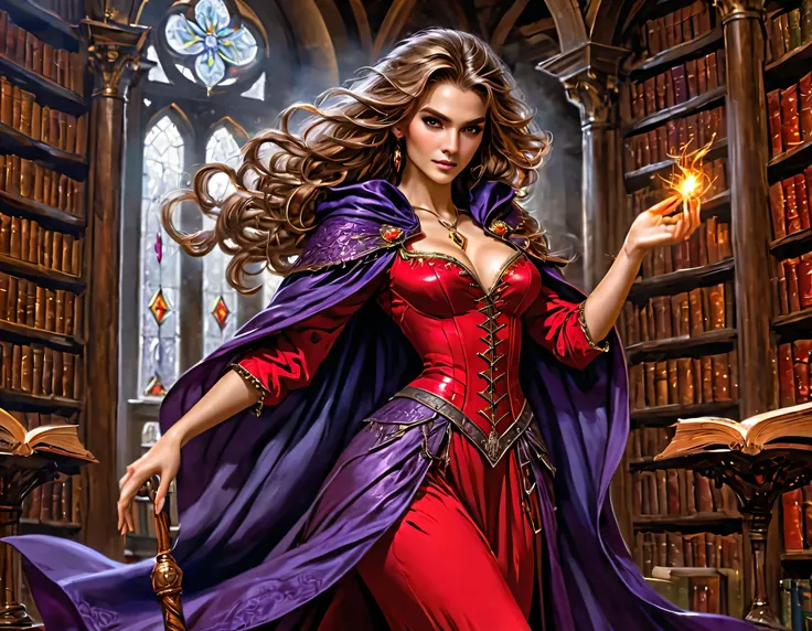 picture of a sorceress casting a spell in magical library, exquisite beautiful woman, dynamic hair color, dynamic hair style, (ultra detailed face: 1.2), best detailed face, high details, best quality, 16k, ((red elegant dress: 1.2), (purple cloak: 1.3), h...