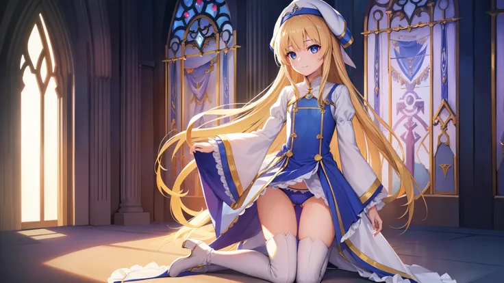 Priestess, Priestess, Blonde,  blue eyes,  long hair, Eyebrow hair, (Small chest:1.2), smile, break boots,  dress, Ruffle sleeves, frills,  has ,  white headwear , pelvic curtain,  high heels, Robe,  knee-high boots, Thighs, white Thighs,  Long Sleeve ,  P...