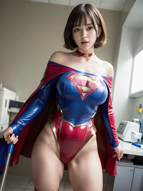 masterpiece、 latex supergirl costume 、 off-shoulder、Ultra short hair、 Big and Rich Breasts 、 shiny sweaty skin 、Look directly into the camera、 choker 、Provocative cleavage、 Long Sleeve 、Cape、Glamorous bare legs、 in front of laboratory equipment in hospital...