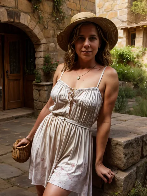  In the picturesque Tuscan countryside, 1950s, a beautiful young woman with curly brown hair, dressed in a flowing, knee-length, floral print dress, made of lightweight, pastel-colored cotton, with a full skirt and a fitted waist, adorned with intricate, h...