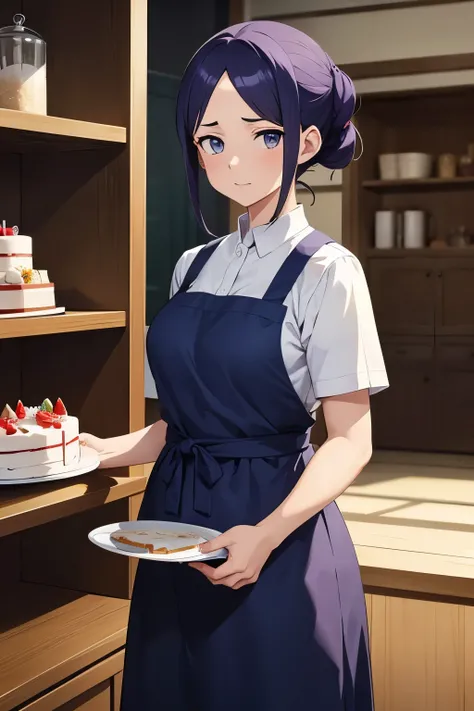 Woman wearing an apron holding a cake in front of a shelf, Tanjiro Kamado, In anime movies, Nishinomiya Nitroko, Today&#39;s anime stills,  animated film screenshot ,  Anime Young Womans Visual , From the TV anime, A still from the anime, 209 animated scre...