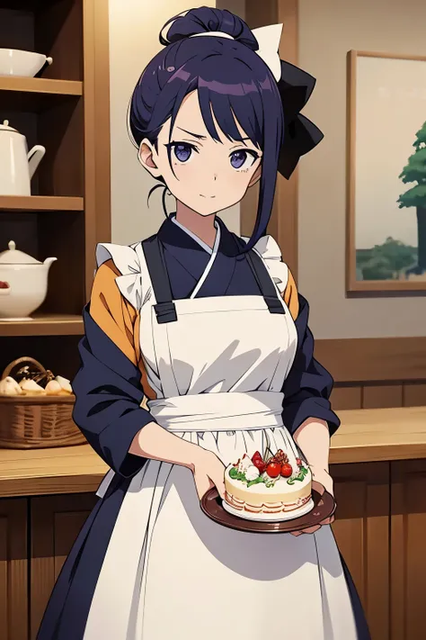 Woman wearing an apron holding a cake in front of a shelf, Tanjiro Kamado, In anime movies, Nishinomiya Nitroko, Today&#39;s anime stills,  animated film screenshot ,  Anime Young Womans Visual , From the TV anime, A still from the anime, 209 animated scre...