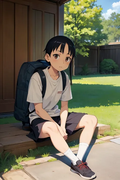 Man sitting on ground with backpack and shoes, Nagatoro , ( ( ( Yoshinari ) ) ), In anime movies, Today&#39;s anime stills, Young Anime Guy, as an anime character, In the anime, From the TV anime, A still from the anime,  Sankaku Complex Anime Images ,  Ha...