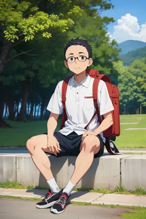 Man sitting on ground with backpack and shoes, Nagatoro , ( ( ( Yoshinari ) ) ), In anime movies, Today&#39;s anime stills, Young Anime Guy, as an anime character, In the anime, From the TV anime, A still from the anime,  Sankaku Complex Anime Images ,  Ha...