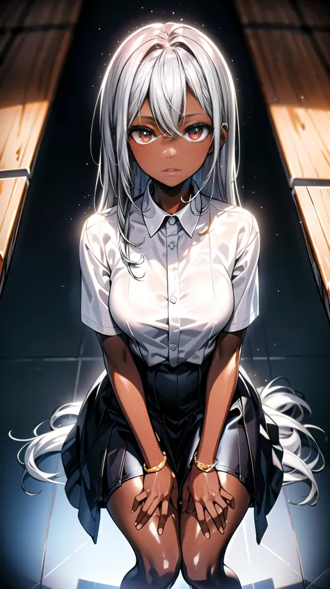 one person , dark skin , Silver Hair,Tempting, sitting on a chair , Clear Clothes ,School Uniform