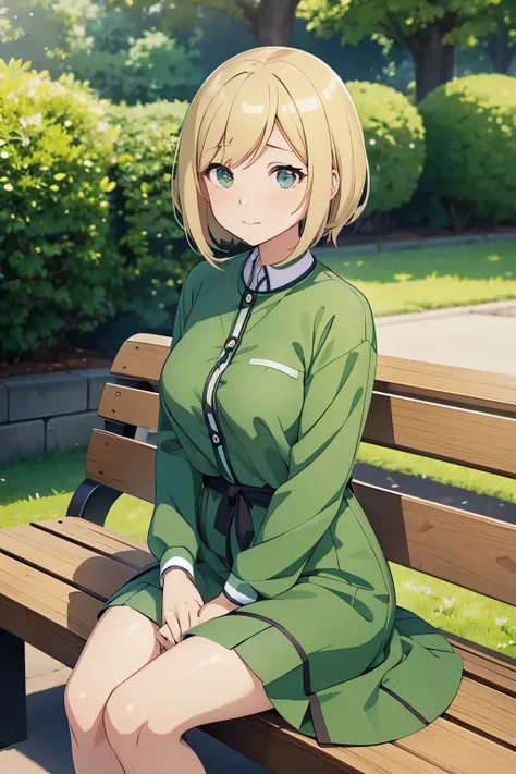 Woman wearing a green shirt sitting on a bench,  Cute Girl Anime Visual ,  Anime Young Womans Visual , Sincerity shinka,  Seductive Anime Girls ,  Kantai Collection style , Sincerity,   anime best girl  , smooth anime cg art, Official anime stills, Also, (...