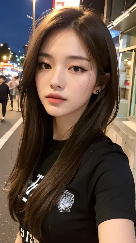 (Best quality, High resolution, Masterpiece :1.3), A pretty woman, Slender figure, Dark brown hair, T-shirt, (Street in city at night), Highly detailed face and skin texture, Detailed eyes, Double eyelid, black shirt