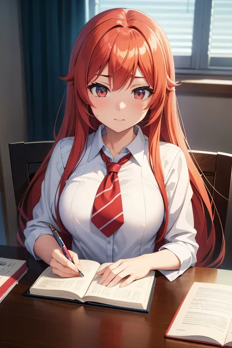 Red haired anime girl writing in a desk notebook,  Seductive Anime Girls , beautiful anime high  high school girl, 現実的な high school girl, Minatogawa Marin Fanart ,   Rias Gremory , a hyper現実的な high school girl, hyper現実的な high school girl,  charming anime g...