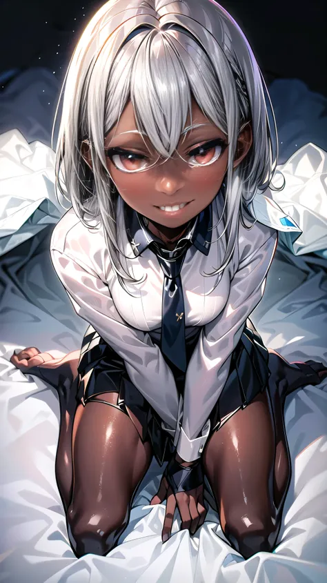 one person , dark skin , Silver Hair,Tempting, , Clear Clothes ,School Uniform,Smile,Kneel down,exposed
