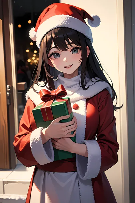 ((masterpiece)), ((best quality)), (ultra-detailed), ((kawaii)), cute, (lovely), ((extremely detailed)), 4K, (8K), best quality, (beautiful), illustration, (upper body), a cute woman, Santa costume, holding gifts, smiling warmly, standing at door, festive,...