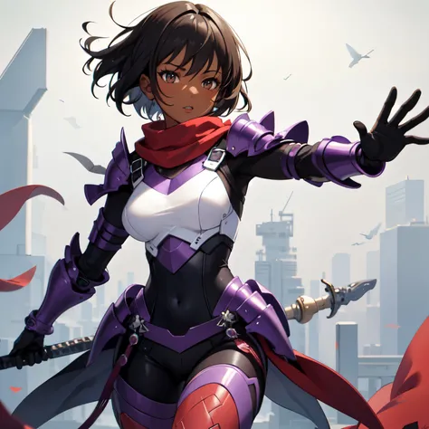 ((best quality)), ((masterpiece)), (detailed), 1girl, dark skin, short black hair, purple ninja armor, red scarf, brown eyes