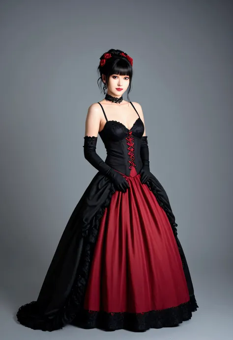 A hyper-realistic full-body photograph of a 17-year-old Japanese girl with Twintail black hair and bright eyes, dressed in an elegant death gothic idol outfit, a layered skirt with dark red and black tones, and intricate accessories like chokers and lace g...