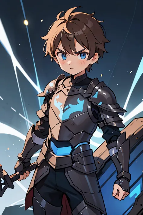 young teen boy with light brown hair with blue eyes. Serious face. Wearing black armour.