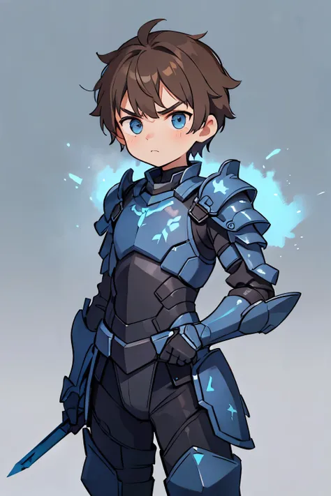 young teen boy with light brown hair with blue eyes. Serious face. Wearing complete black combat armour. No background