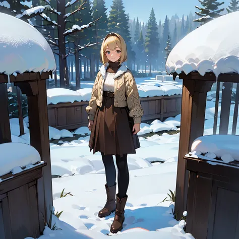 ( High Quality ,  High Definition , Very detailed, reality:1.37), Peaceful atmosphere, (Outdoor, garden ,snow),  teenage girl standing alone, Beautiful details,  cute smile, (Blonde Bob ), Ribbed sweater,Brown skirt, Black tights,  brown boots .