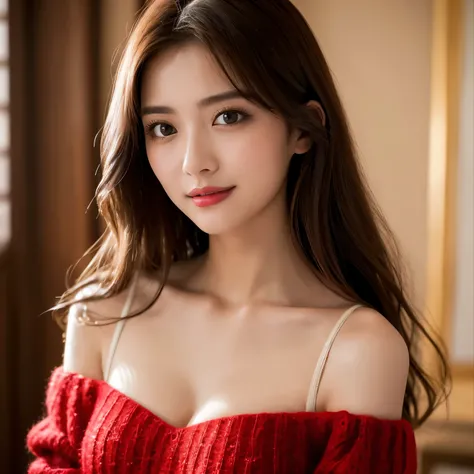 (highest quality、table top、8k、best image quality、Award-winning work)、(one young girl, :1.1)、(Perfect V-neck red long knit sweater:1.3)、red eyeshadow、perfect makeup、long eyelashes、Super high-definition sparkling eyes、ultra high definition hair、ultra high re...