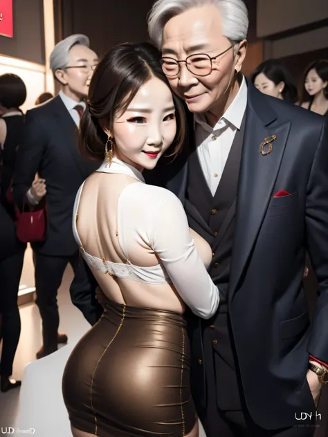 beautiful woman wearing a revealing skirt suit, her elderly husband hugged and kissed her from behind in the crowded crowd, UHD, masterpiece, textured skin, super detail, best quality, 8k.