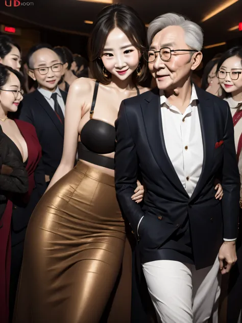 beautiful woman wearing a revealing skirt suit, her elderly husband hugged and kissed her from behind in the crowded crowd, UHD, masterpiece, textured skin, super detail, best quality, 8k.