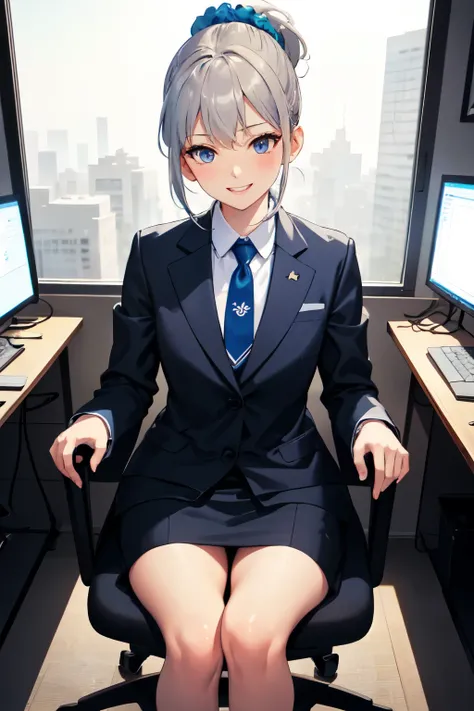 ちびキャラ 22yo at morning suit Business chair
sitting necktie palm high ponytail
computer keyboard
solo focus 1girl solo small breasts
slim　round face 
double eyelids eyeshadow Skyblue eyes small nose
updo gray hair big smile  loafers scrunchie  bending over