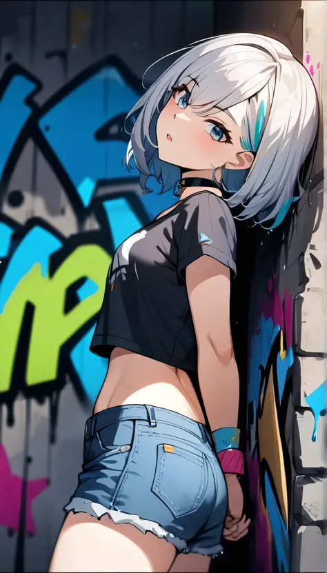 ( cowboys shoot ), ( Best Quality ,  ultra high resolution, Depth of Field:1.2), aldult, 1woman, tone,  unique , Striped hair, Short hair,  bangs,  cropped top , denim shorts, choker, (Graffiti:1.4), paint splashes , Arms behind back, (slouch), (Lean Back:...