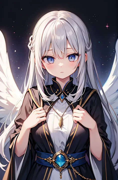  pretty girl　 long silver hair　 Robe of Time 　Wings of Aura 　 Starlike Eyes　Eye-like pendant 　Mysterious background