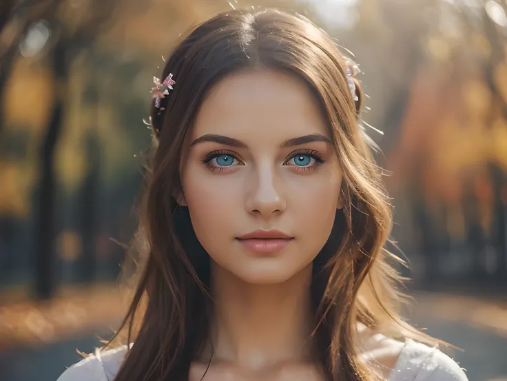 (8k, best quality, masterpiece: 1.2), (best quality: 1.0), (ultra-high resolution: 1.0), watercolor, a beautiful woman, (shiny pupils, blue pupils), shoulders, headband, bust portrait, extremely bright design, pastel colors, autumn lights, moody gray, (car...