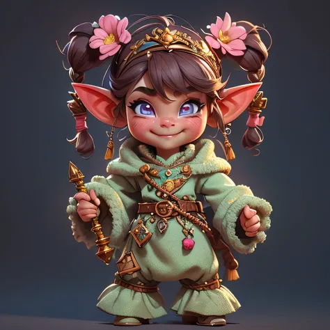 there is a very cute little troll doll with a big smile, hyperdetailed fantasy character, (((mad))) elf princess, cute little troll, lalafell, pixie character, adorable digital painting, elf girl, elf princess, zbrush central contest winner, little elf gir...