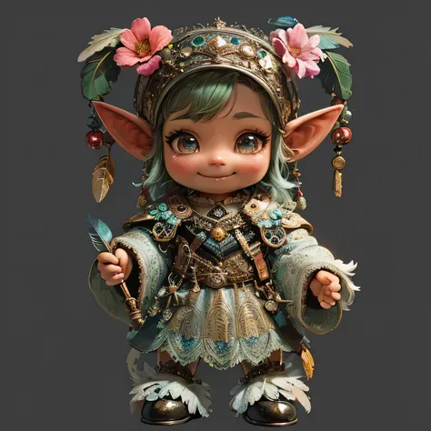 there is a very cute little troll doll with a big smile, hyperdetailed fantasy character, (((mad))) elf princess, cute little troll, lalafell, pixie character, adorable digital painting, elf princess, elf girl, little elf girl, zbrush central contest winne...