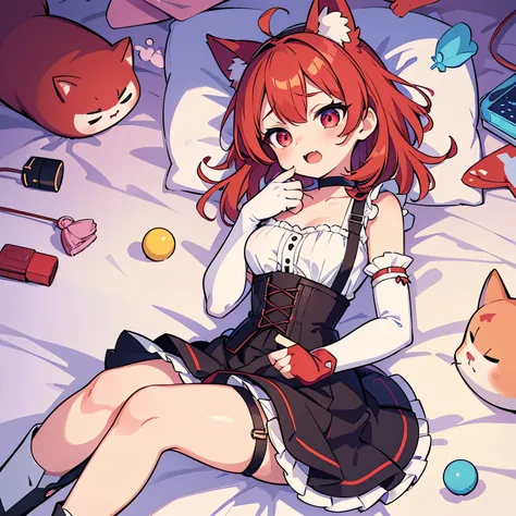 Fox girl,Cat girl,Skinny,breast reduction,lying among colorful flashes, among colorful, soft colours background, stroking own chin,reaching,arm at side,knees together feet apart,red hair,medium hair,ahoge,red eyes,White skin,evil seductive,smug, open mouth...