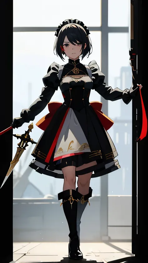 1girl, (2B), black hair, black with red tips hair, red eyes, blue sky, natural outdoors, black and gold and red boots, black and gold gloves, (((((earclip))))), using a earclip, (elegant earclip), black with gold and red details skirt, black with gold and ...