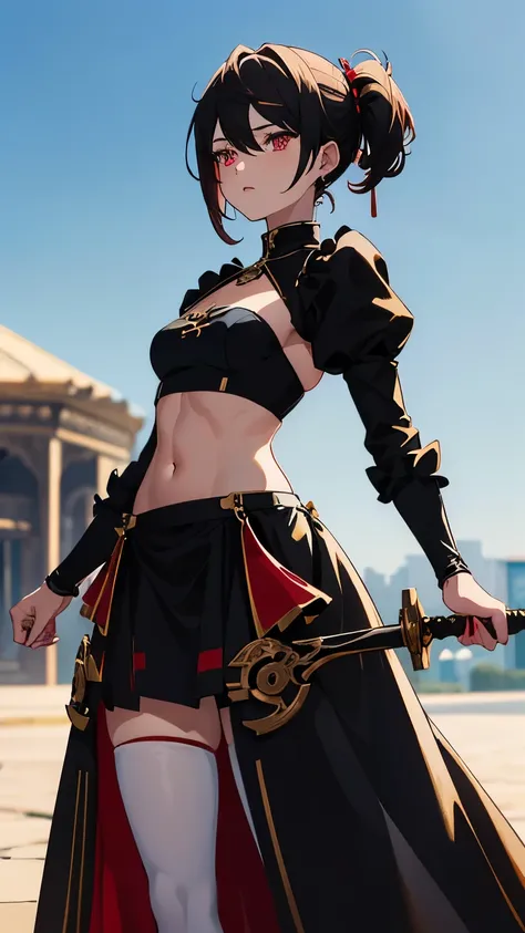 1girl, (2B), black hair, black with red tips hair, red eyes, blue sky, natural outdoors, black and gold and red boots, black and gold gloves, (((((earclip))))), using a earclip, (elegant earclip), black with gold and red details skirt, black with gold and ...