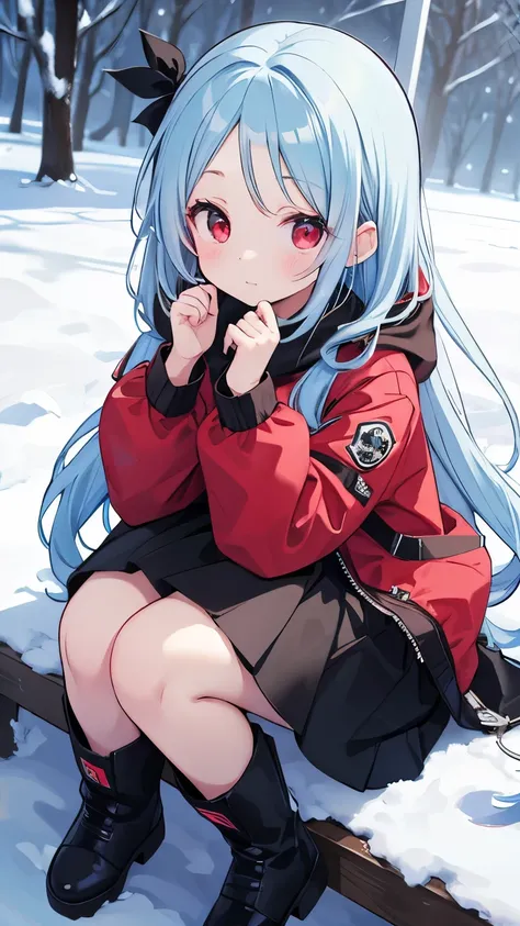  pretty girl、I can see my forehead、 light blue hair、 long hair、 red eyes、 black down jacket、 black skirt、Snow boots、 black ribbon、