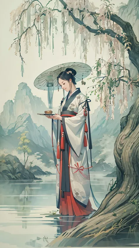 Shukezoma,  Negative Space , , Jellyfish Sim  ,  portrait of a woman standing , Willow Branch, (masterpiece,  top quality :1.2), Traditional Chinese ink painting ,  Model Shooting Style , Peaceful, (smile),  viewers, wearing long Hanfu, Hanfu, Song, Portra...