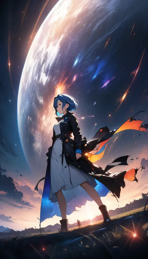 (masterpiece,  top quality ,  Official Art :1.2), ( colorful ),  perfect anatomy, One Girl , front view。 short hair。Blue hair color。Late Night。 grassland。 (Collision of stars:1.3) Ultra Precise Illustration ,  detailed ,  dynamic angle ,  Beautiful details...