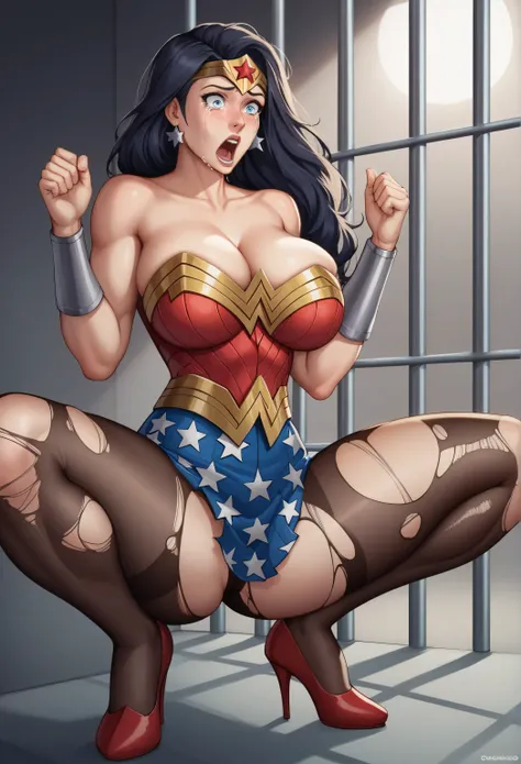 lap, looking shocked ,  surprised expression , expression of pain, seu corpo treme de medo, ela está toda molhada, ( Wonder Woman wearing torn lace tights, usando stilettos high heels), Digitigrad , Wonder Woman is in prison with bars ,  Torn clothes, brea...