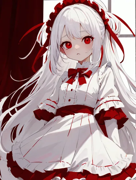 Loli，White hair long hair（ Below her waist ），Red pupil， white Lolita 