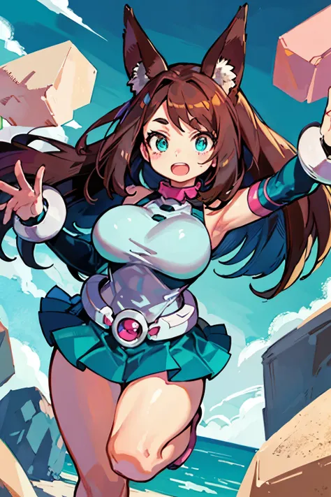 thick outlines, comics, photorealistic ,  masterpiece:1.2, , 1 girl, Alone,  big breasts, , ochako,  brown hair with turquoise hair tips, body,  belt, sky, levitating rocks ,  detailed background,  detailed face ,  detailed turquoise eyes ,   long hair a l...