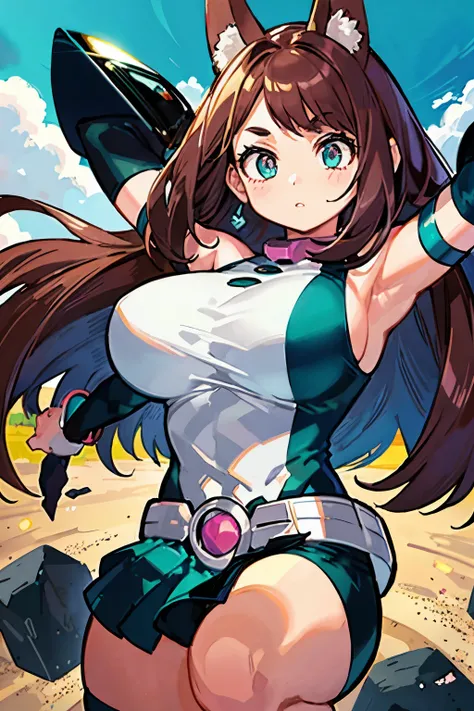 thick outlines, comics, photorealistic ,  masterpiece:1.2, , 1 girl, Alone,  big breasts, , ochako,  brown hair with turquoise hair tips, body,  belt, sky, levitating rocks ,  detailed background,  detailed face ,  detailed turquoise eyes ,   long hair a l...