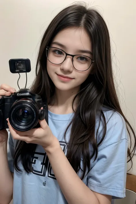  A 17-year-old ,  fair skin ,  Happy Face , dark hair,  wearing round glasses ,  looking skinnier physical size holding a camera, kinda nerdy style 