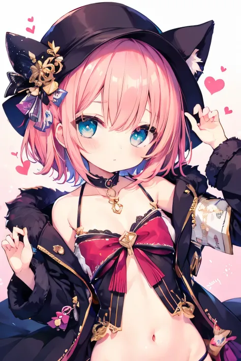 nsfw、  transparent pink short hair、  oversized jacket   、  wear a collar  、     Im looking for an elementary school girl 、  small breasts、So beautiful、輝く瞳 、cat ears、((((( )))))、heart❤