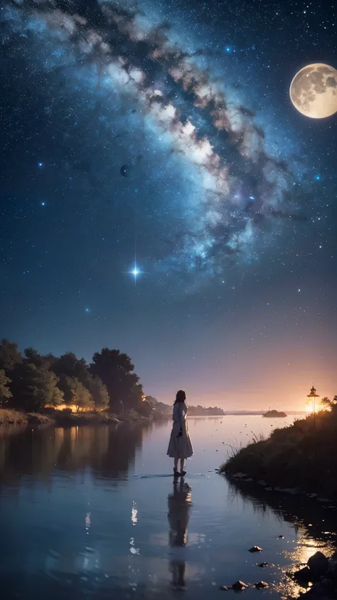 A highly condensed beauty dressed in a painting of stars and moons in the river and sky, concept art inspired by Tosa Mitsuoki, pixiv competition winner, best quality, fantasy art, beautiful anime scenes, a round of bright moon, starry sky environment in t...