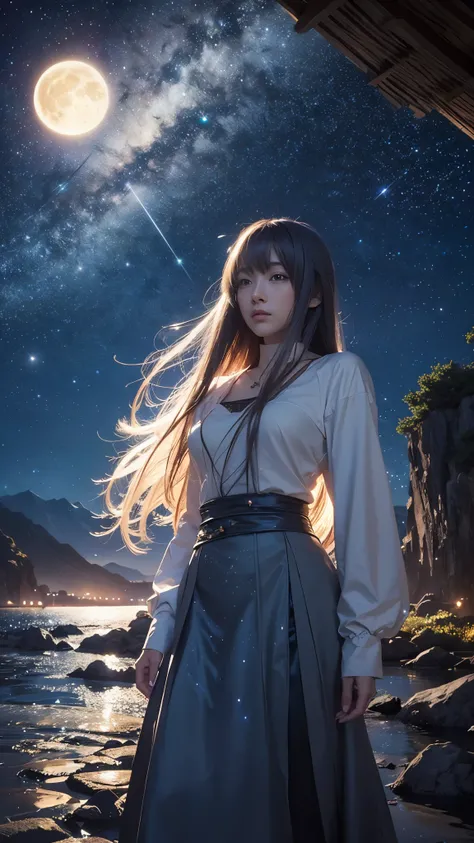 A highly condensed beauty dressed in a painting of stars and moons in the river and sky, concept art inspired by Tosa Mitsuoki, pixiv competition winner, best quality, fantasy art, beautiful anime scenes, a round of bright moon, starry sky environment in t...