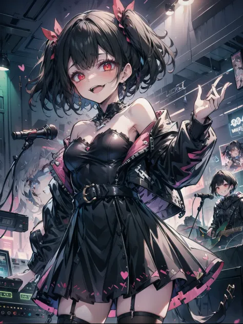 ((masterpiece、Highest quality、Very detailed))、One Girl、Black Hair、short hair、Twin tails、Blunt bangs、Red eyes、Wicked Smile、((Grin))、Small breasts、((Black ruffled clothes))、Off the shoulder、Strapless、((Black leather jacket))、((Check skirt))、Edge skirt、Multip...