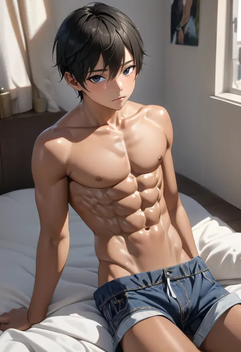 1 tanned skin idol young teen boy, (abs:2.0), topless,detailed eye, black hair, seduced, best quality, 4k, 8k, highres, (masterpiece:1.2), ultra-detailed, (photo realistic:1.4),