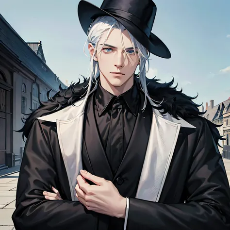 handsome anime tall man in black simple suit,black fur coat ,wear black fedora  hat, expressive hands, blue eyes and platinum hair, with a mansion in the background, neutral expression, sharp features, semi-realistic, staring into the distance, blurred bac...